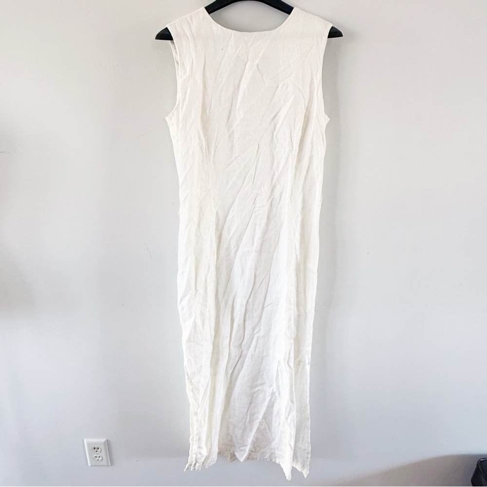Vintage Women 100% Linen Maxi Dress White Sz 10 Minimalist Coastal Beach Classic